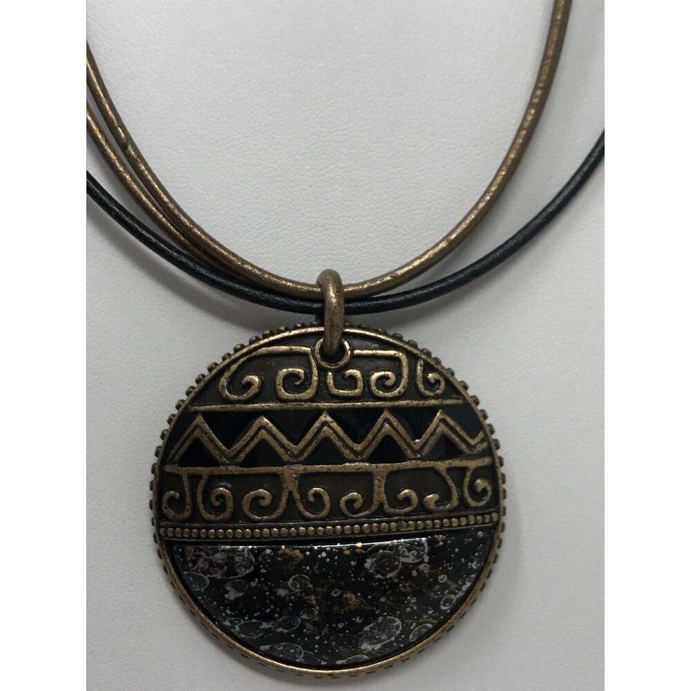 CHICO'S Pendant Necklace Black Gold Tone Gray Circle Disc Multi Strand